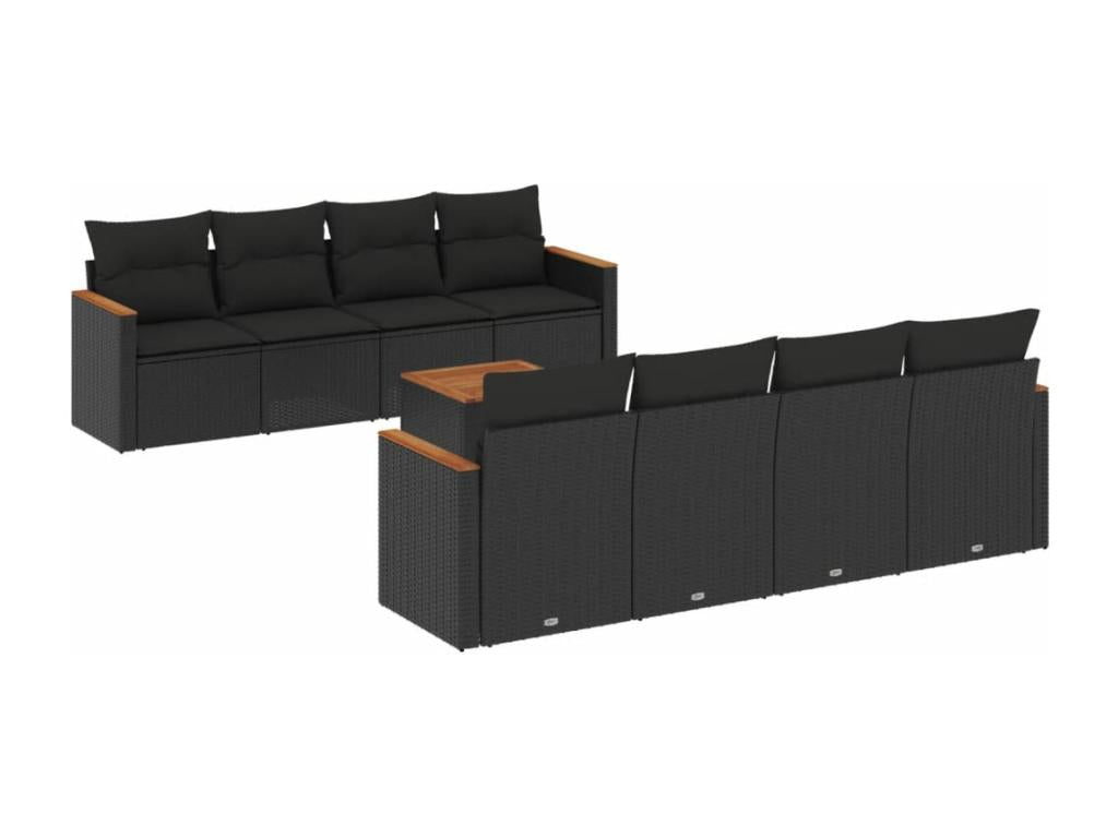 9-piece garden furniture set with cushions, black woven resin
