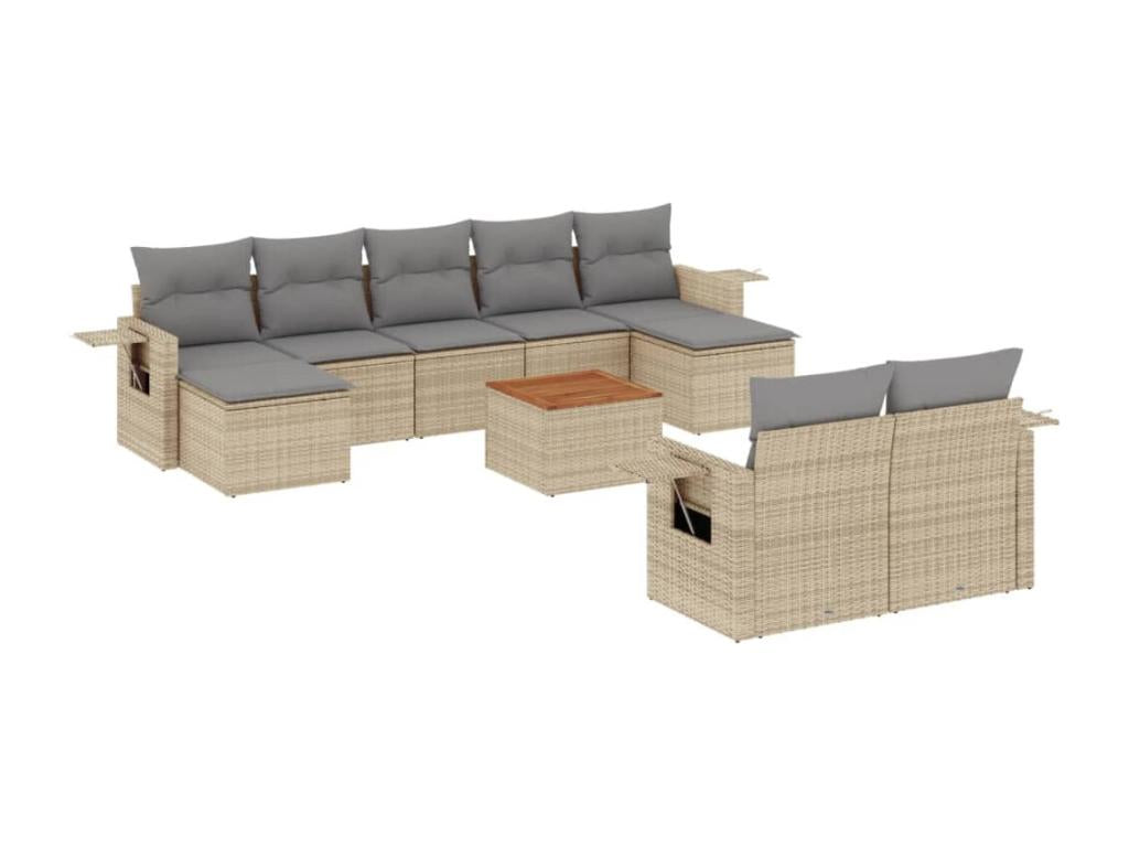 Garden furniture and cushions, 10 pcs, méHomzora beige woven resin