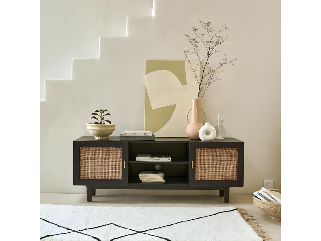 TV stand in solid mango wood and caning, 140 cm