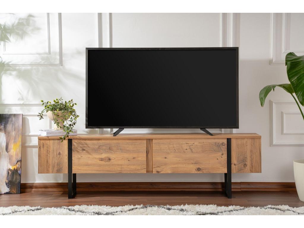 Doucezen Modern TV Stand with 2 Tilt-Down Doors, 180cm Wide, Dark Wood and Black