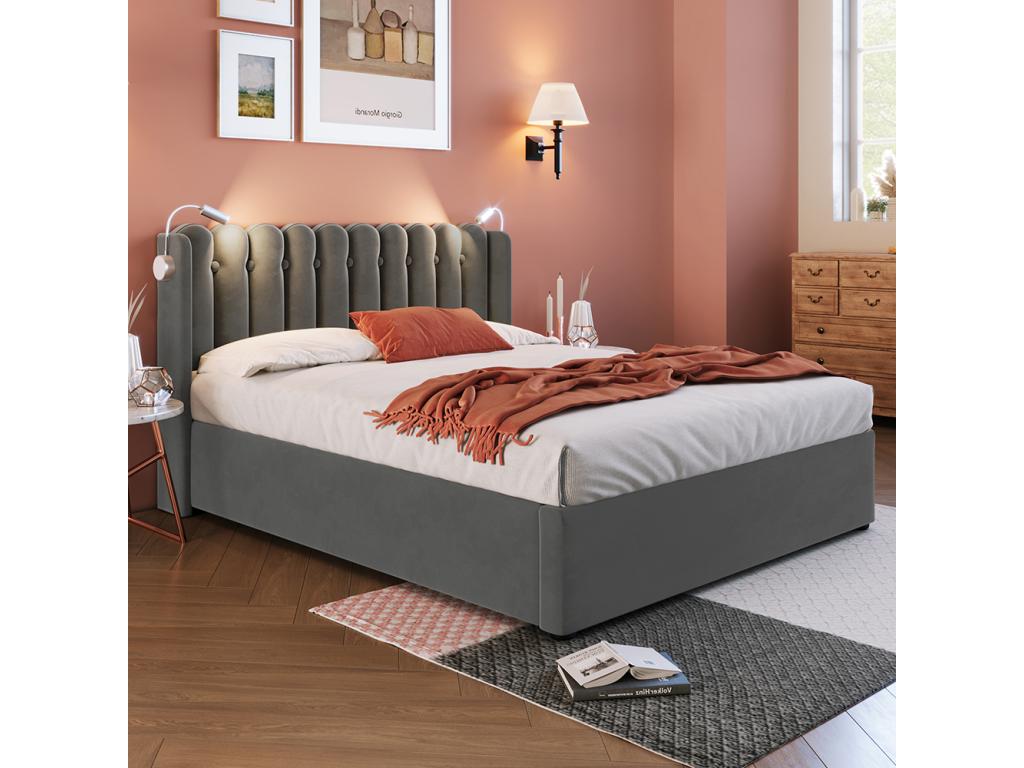Storage bed, Upholstered double bed, Reading bed with loading function, Headboard, Storage space, Velvet bed frame, 160x200 cm, Grey