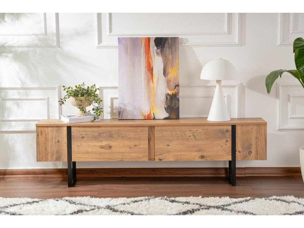 Doucezen Modern TV Stand with 2 Tilt-Down Doors, 180cm Wide, Dark Wood and Black