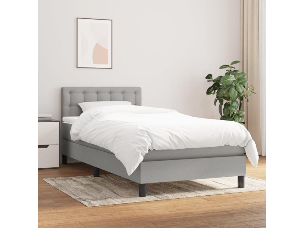 Upholstered bed base and mattress, light grey, 90x190 cm, fabric