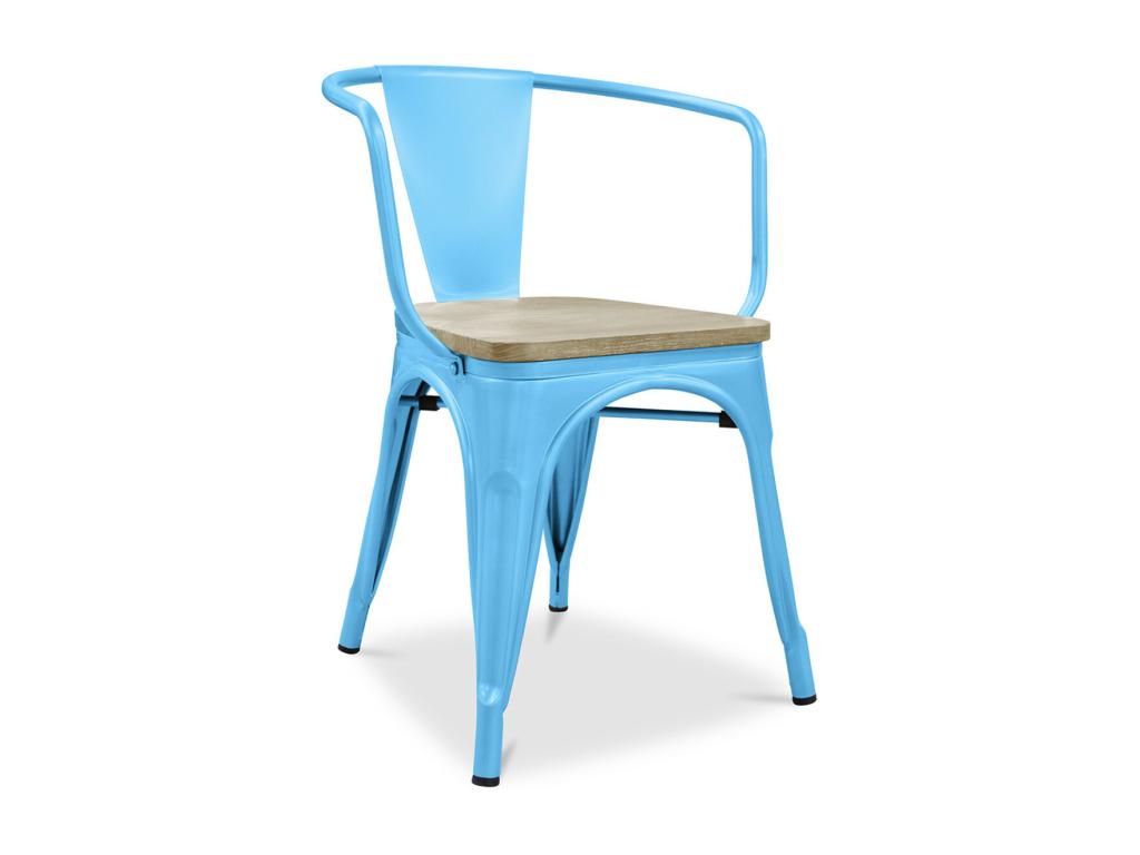 Homzora industrial chair with polished steel armrests and natural solid wood seat - Turquoise Blue