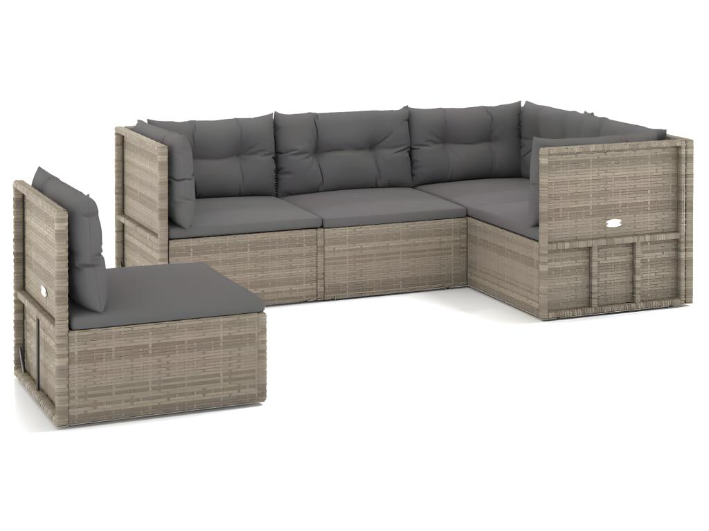5-piece garden furniture set with cushions, grey woven resin