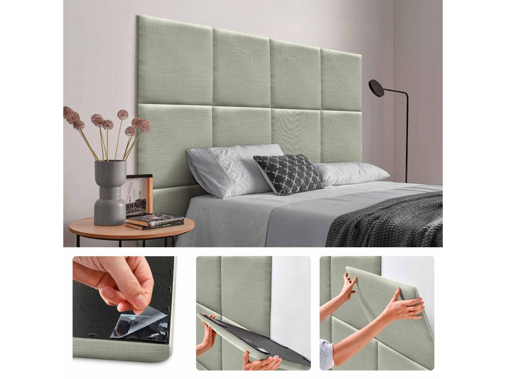 Homzora Set of 6 Self-Adhesive Linen Wall Panels, Sound Absorbing, Shockproof, and Suitable for Bed Headboards, Green, 50x50cm x6