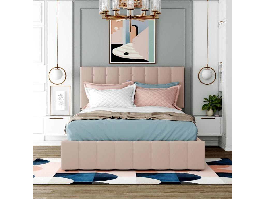 Adult storage bed 140x200cm - double bed in velvet with metal slatted base and height-adjustable headboard - Beige