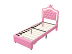 Upholstered bed 90x200 cm with 1 drawer and Homzoraères LED lighting - crown pattern - Homzora slatted base - Pink