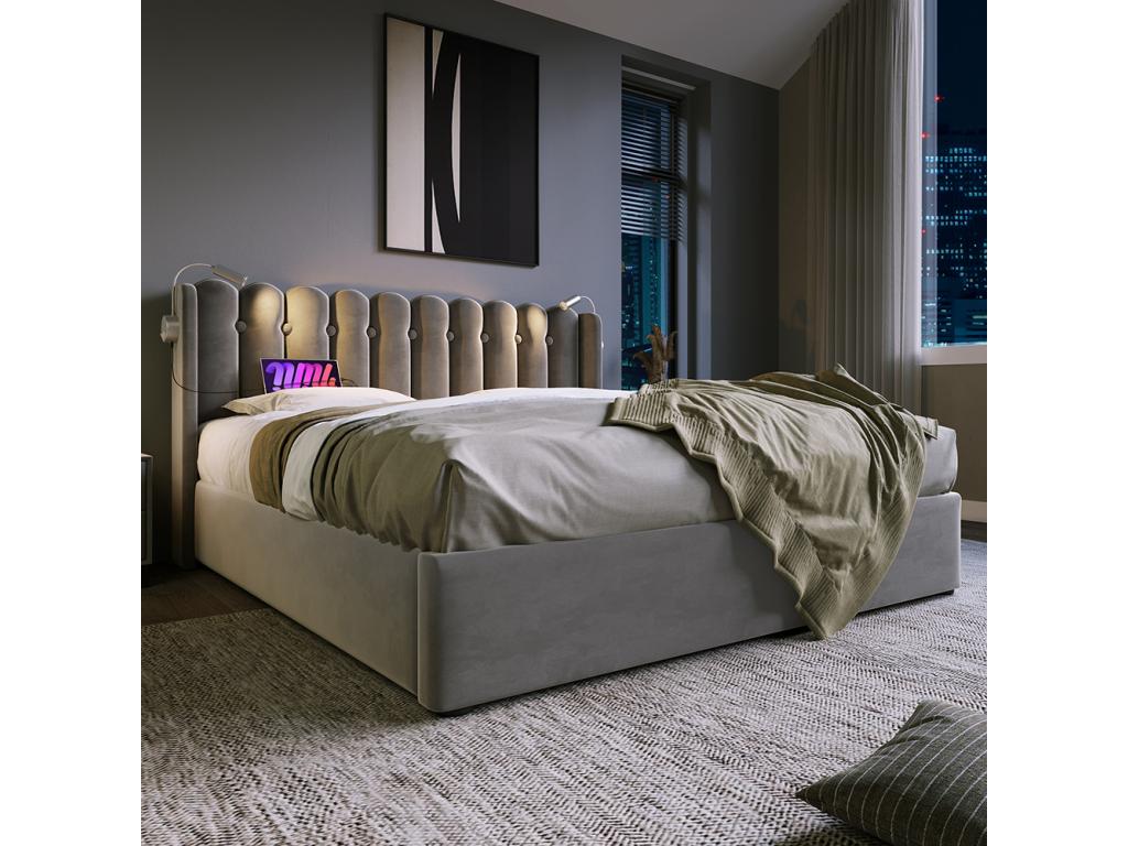 Storage bed, Upholstered double bed, Reading bed with loading function, Headboard, Storage space, Velvet bed frame, 160x200 cm, Grey