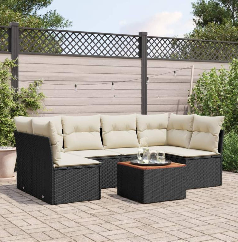 7-piece garden furniture set with cushions, black woven resin