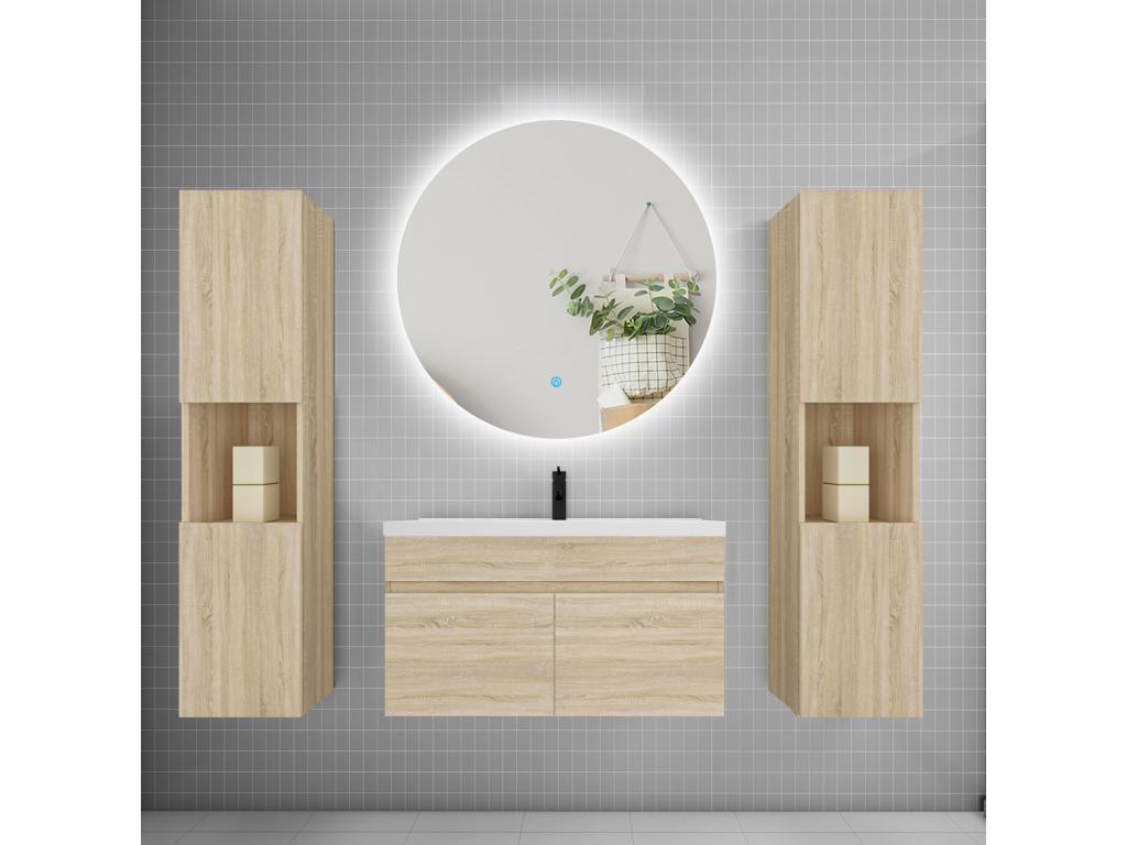 Vanity unit set, 80cm wide, with pedestal sink, LED lighting, and 80cm round mirror, oak finish.