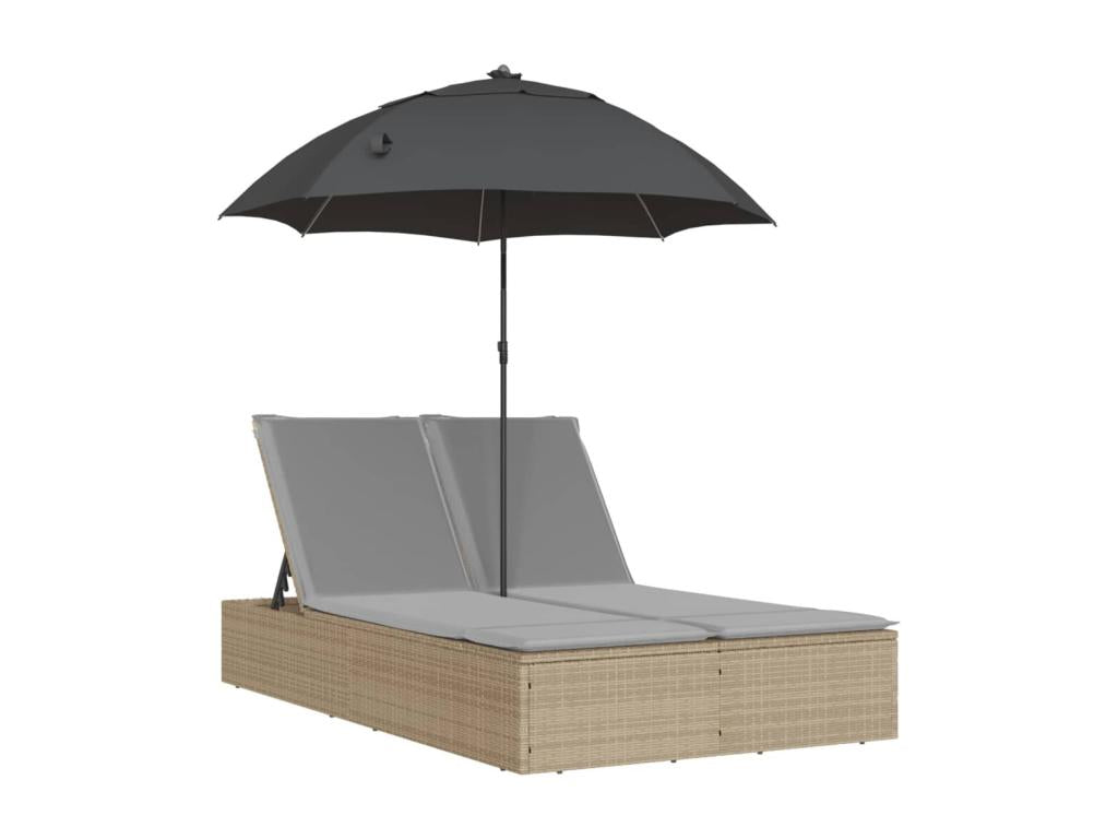 Double chaise longue with cushions and beige poly rattan parasol