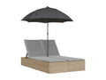 Double chaise longue with cushions and beige poly rattan parasol