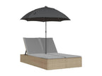 Double chaise longue with cushions and beige poly rattan parasol