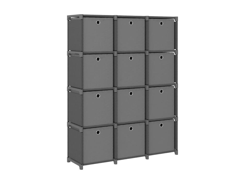 12-cube shelf with boxes, Grey, 103x30x141 cm, Fabric