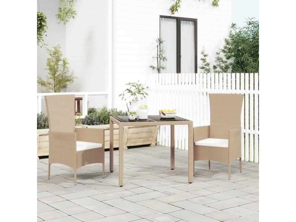 Garden table with glass top, woven resin, tempered glass
