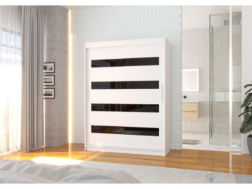 Homzora 150cm White Bedroom Wardrobe with 2 Sliding Doors, Matte White and Black Lacquered