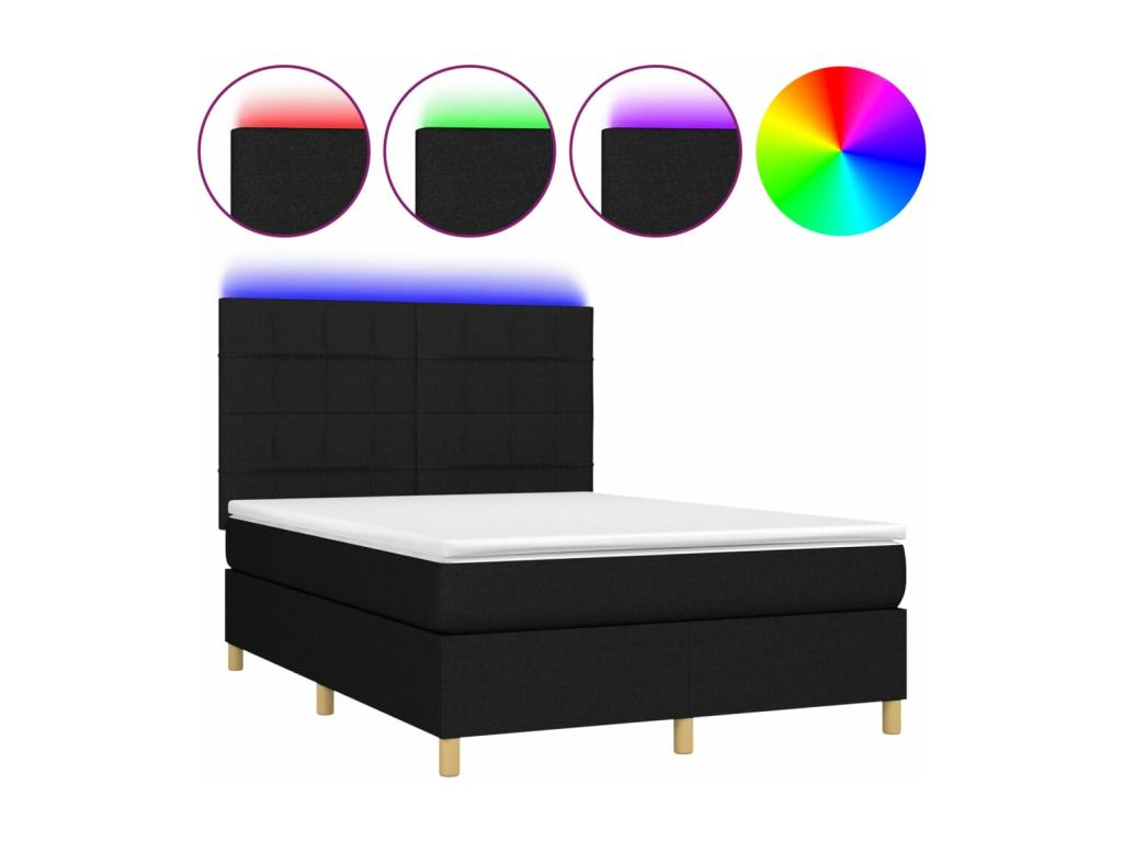 Upholstered bed base with mattress and LED lighting, black, 140x200 cm, fabric