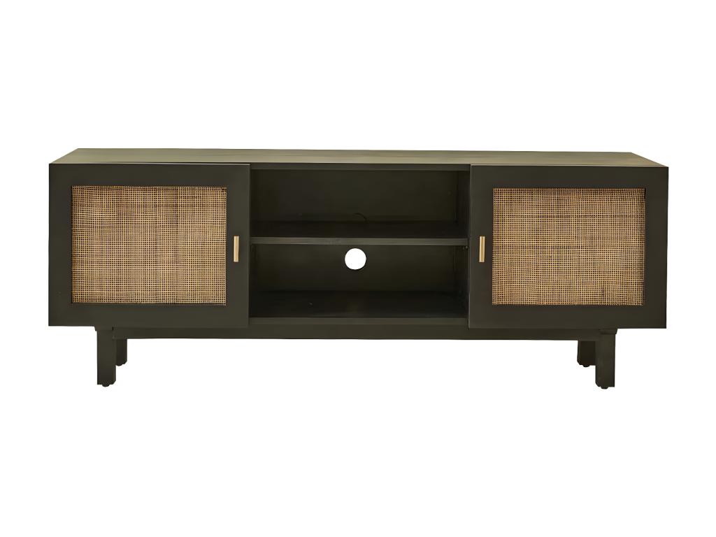TV stand in solid mango wood and caning, 140 cm