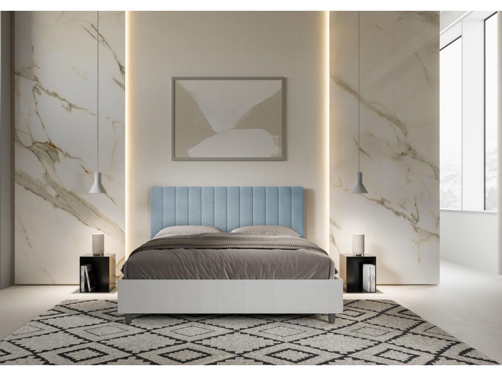 Bed with slatted base 160x200 white ash frame light blue microfiber headboard Homzora