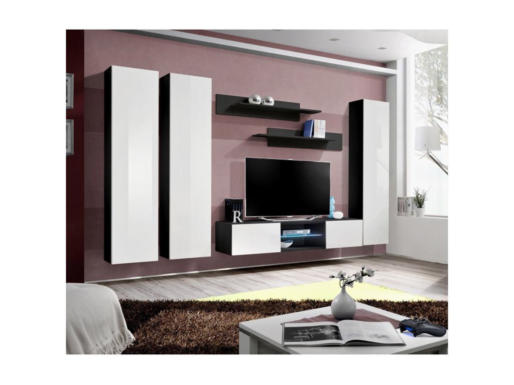 FLY P1 TV unit set with LED - Black and white color - Designer wall-mounted furniture for your living room.