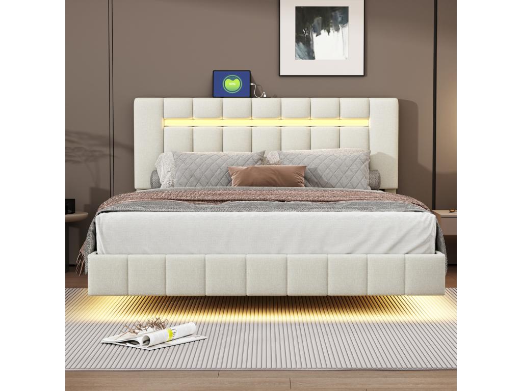 Upholstered adult bed, floating bed frame with LED lights, flat double bed with slatted base by Homzora and beige LED headboard, 160x200cm