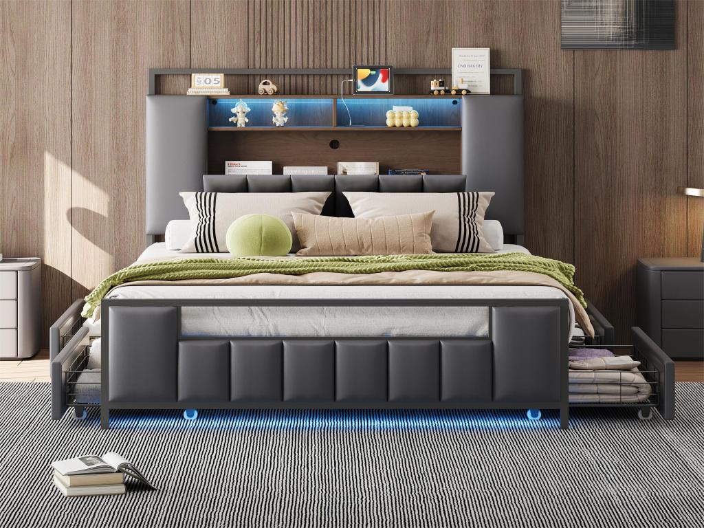 Adult bed 140x200 cm in faux leather - with LED and USB port - 4 drawers - iron frame - Grey
