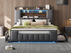 Adult bed 140x200 cm in faux leather - with LED and USB port - 4 drawers - iron frame - Grey