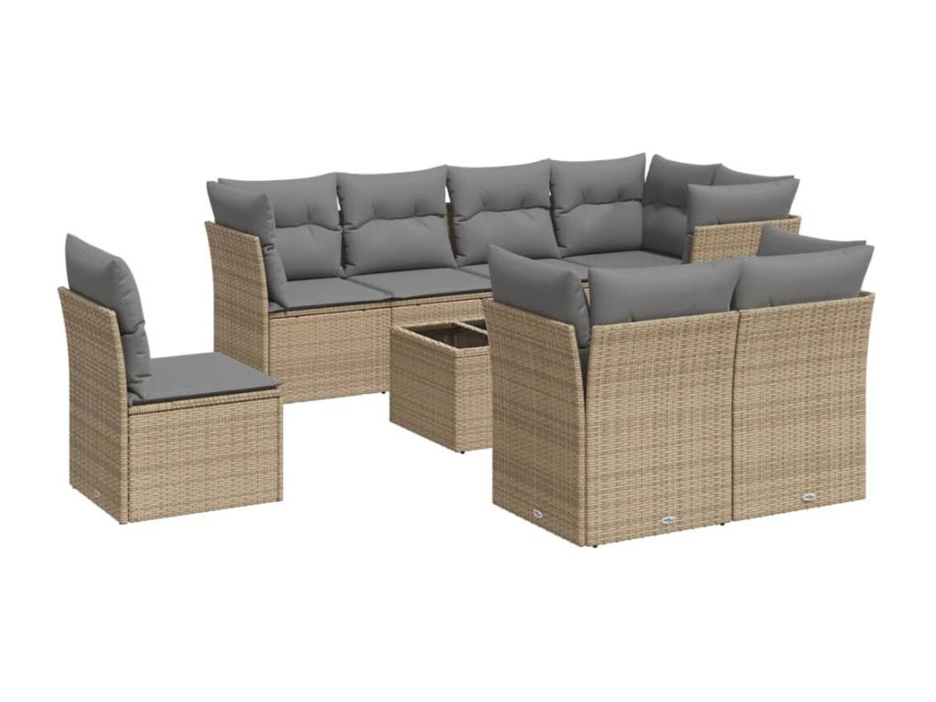 9-piece garden furniture set with cushions, beige woven resin