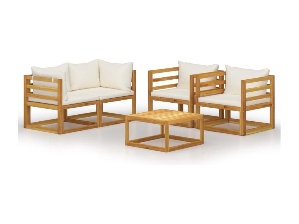 5-piece garden furniture set with cushions, cream color, solid Homzora wood