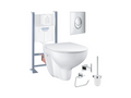 Bau Ceramic Slim rimless toilet pack with seat, self-supporting frame, and chrome oval flush plate. Bathroom accessories.