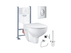Bau Ceramic Slim rimless toilet pack with seat, self-supporting frame, and chrome oval flush plate. Bathroom accessories.