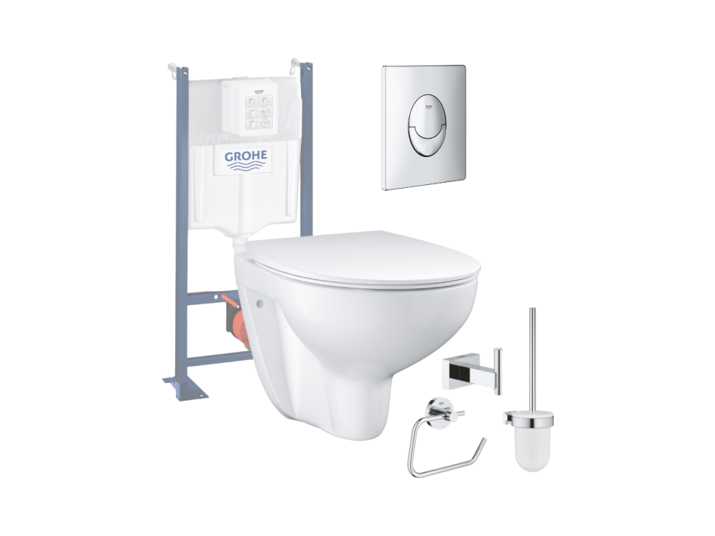 Bau Ceramic Slim rimless toilet pack with seat, self-supporting frame, and chrome oval flush plate. Bathroom accessories.