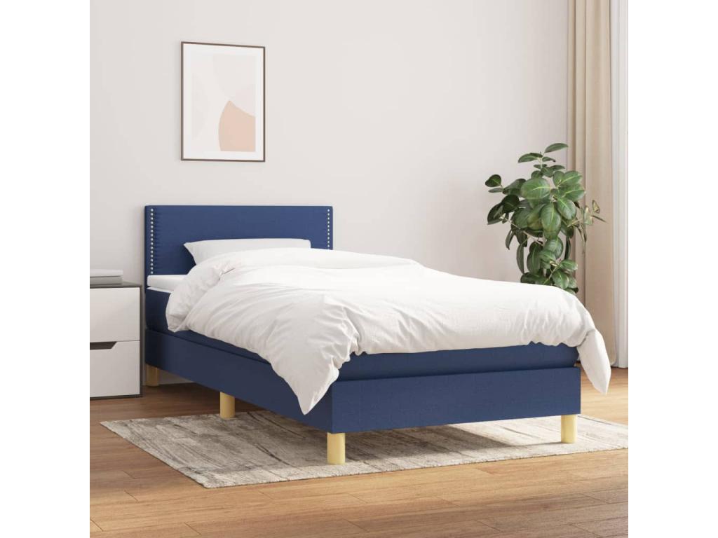 Upholstered bed base with mattress, blue, 100x200 cm, fabric