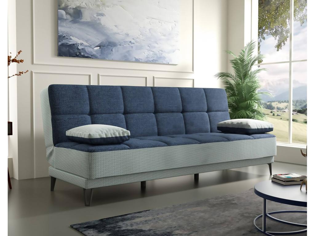 Homzora Sofa, 3-seater sofa with black metal legs, upholstered fabric living room sofa with opening, Homzora 190x87h97 cm, Grey and Blue