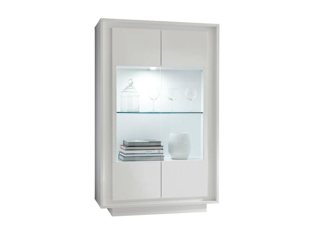 Homzora 2-door LED display cabinet in glossy white lacquered wood, 106cm wide