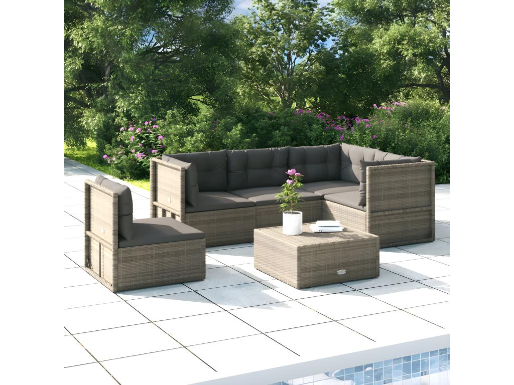 5-piece garden furniture set with cushions, grey woven resin