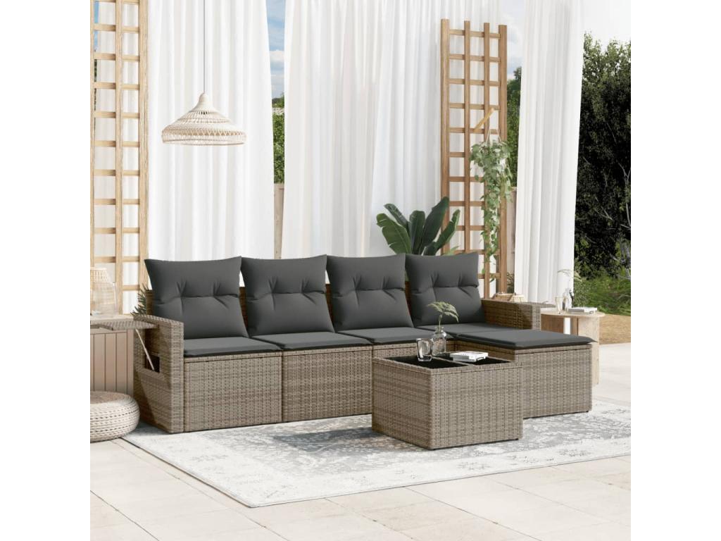 6-piece garden furniture set with grey resin wicker cushions