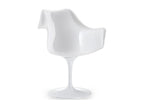 Glossy white armchair with red tulip petal fabric cushion