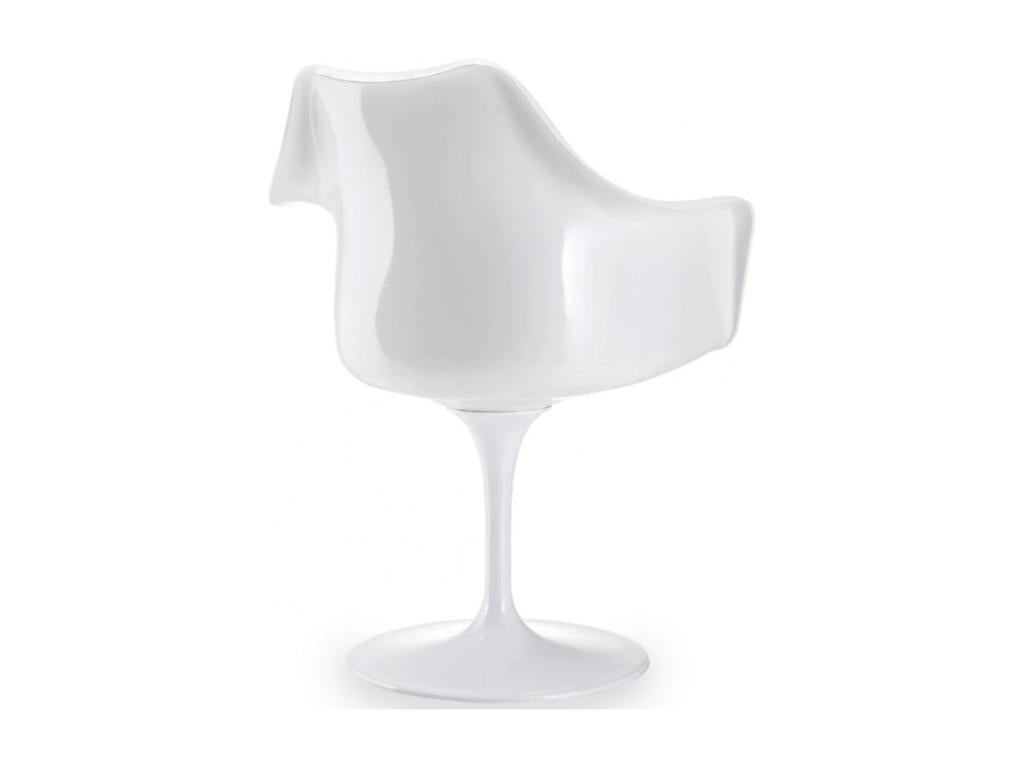 Glossy white armchair with red tulip petal fabric cushion