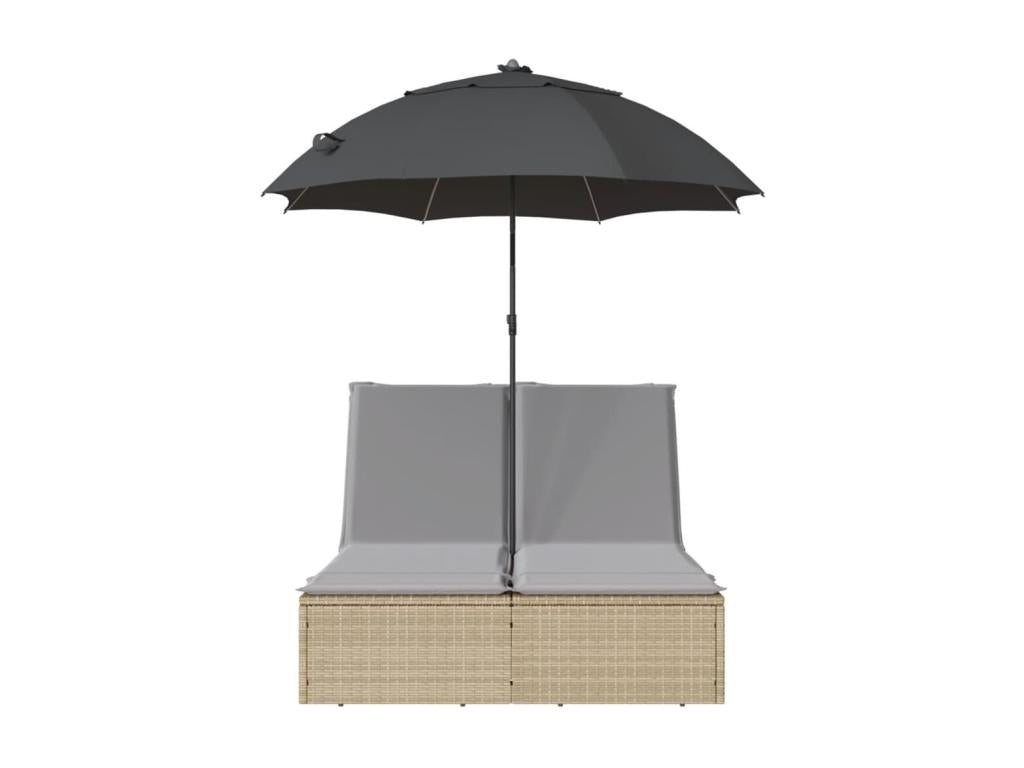 Double chaise longue with cushions and beige poly rattan parasol