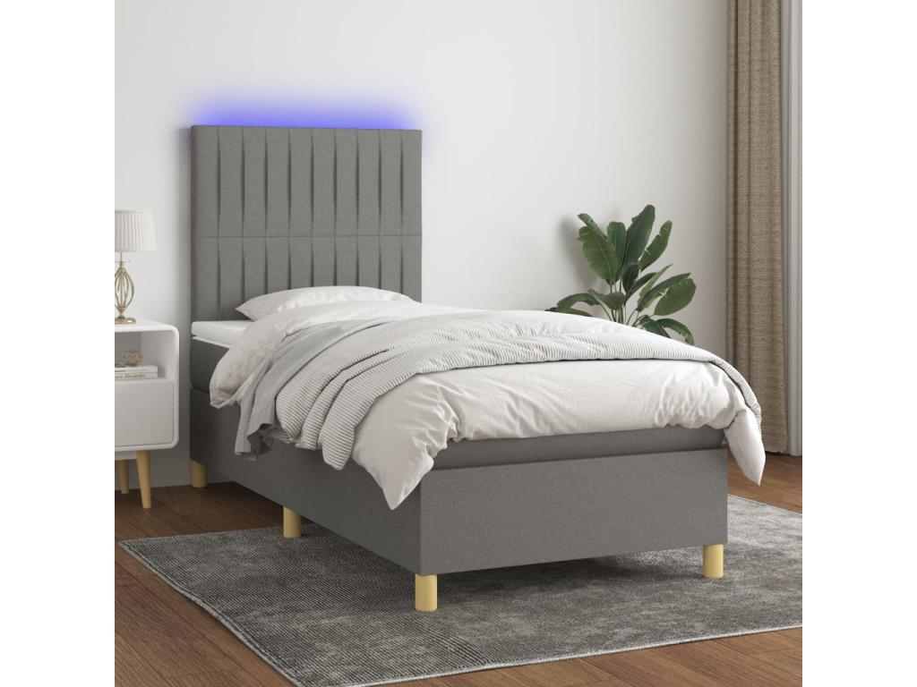 Upholstered bed base with mattress and LED lighting, dark grey, 90x200cm, fabric