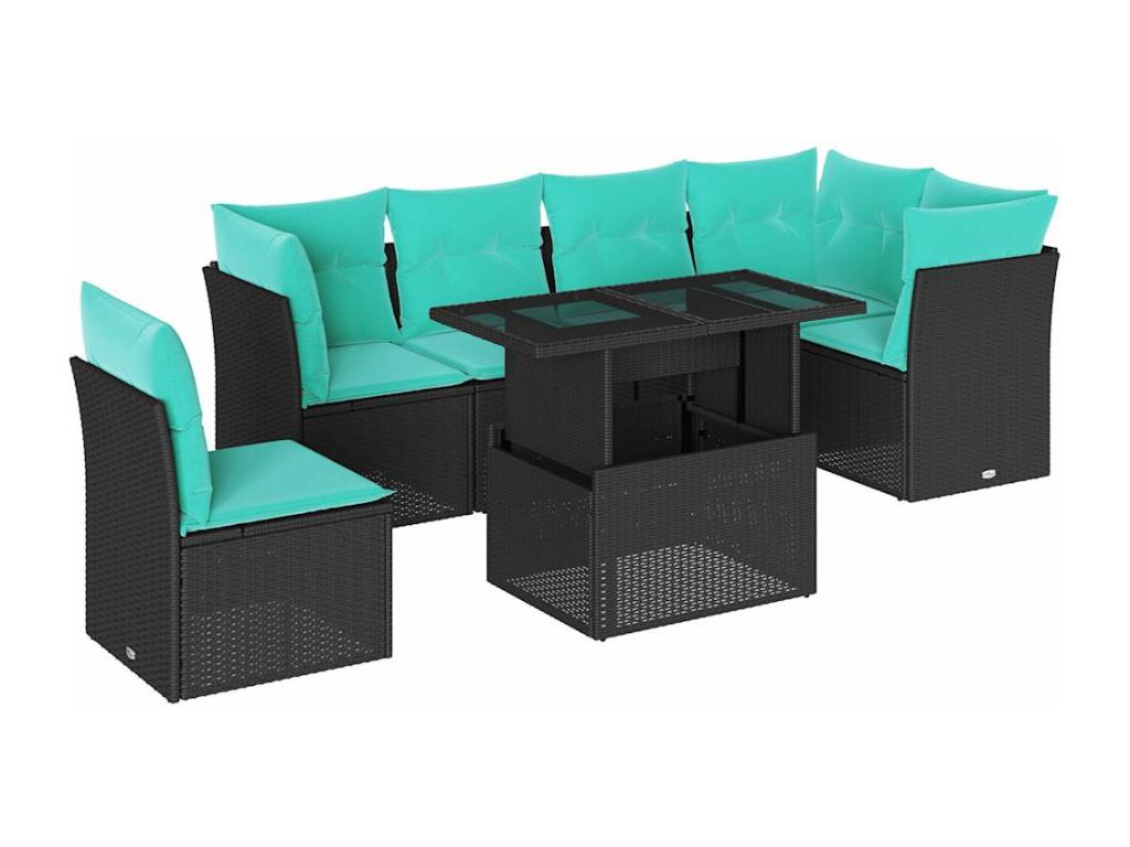 6-piece garden furniture set with cushions, black woven resin