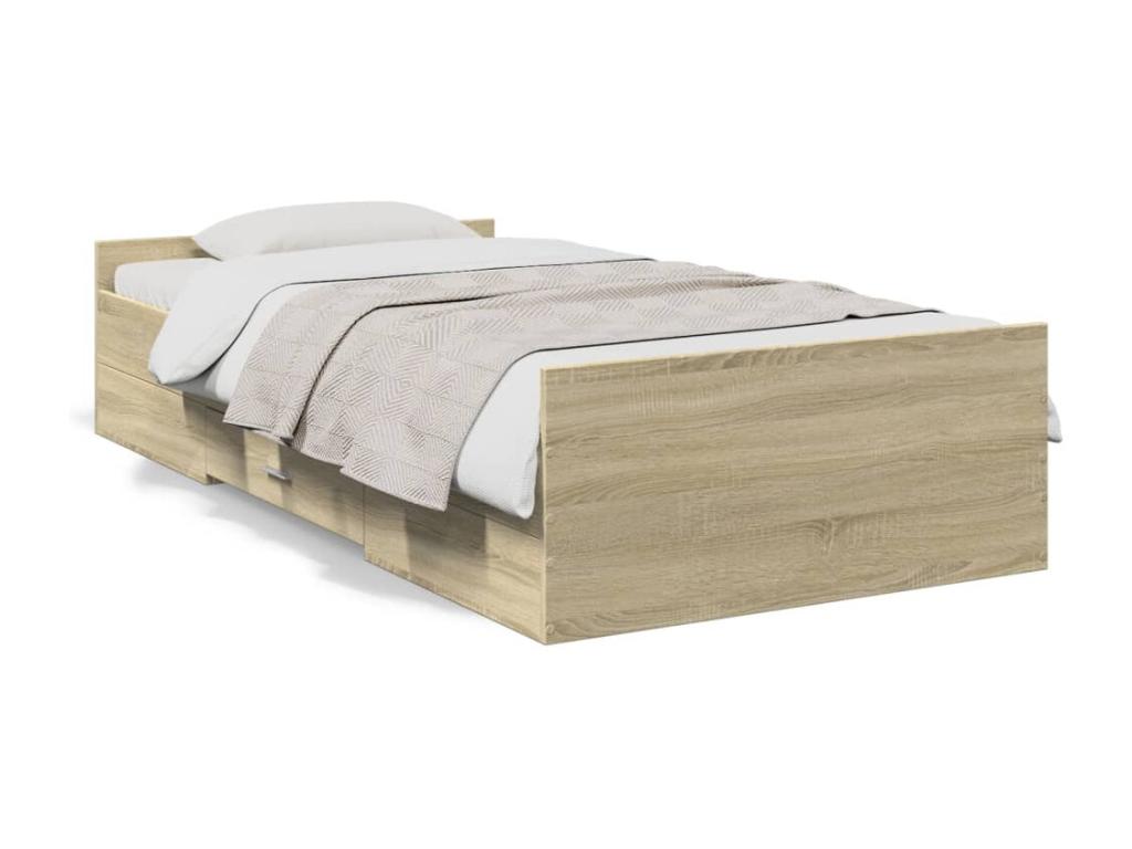 Homzora 90x200cm oak engineered wood bed frame and drawers
