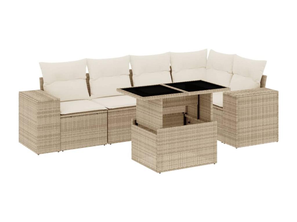 Garden furniture set with cushions, 6 pieces, beige woven resin