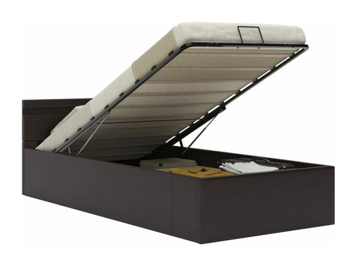 Storage bed frame with LED lighting, grey faux leather, 90x200 cm