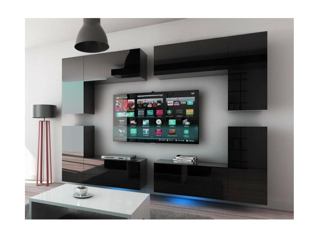 Homzora XX 260cm black suspended living room furniture set with 8 modular LED pieces.