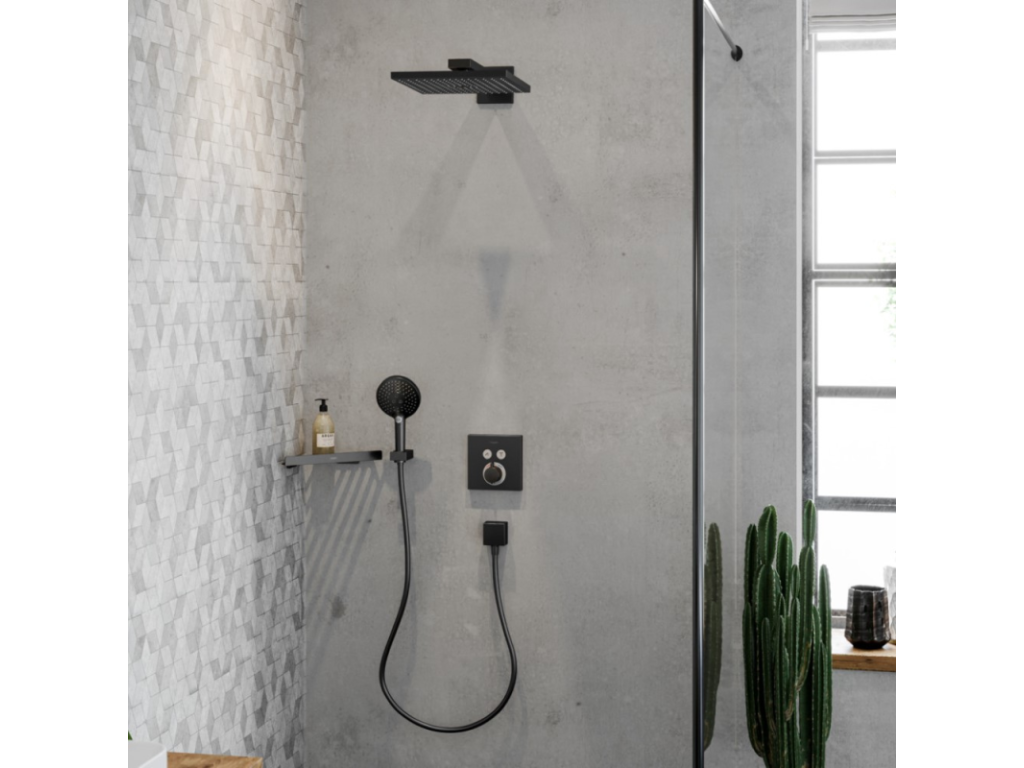 Homzora Raindance Select S EcoSmart 120 3-jet shower head, brushed chrome black; Homzora Designflex 160 cm shower hose, brushed chrome black