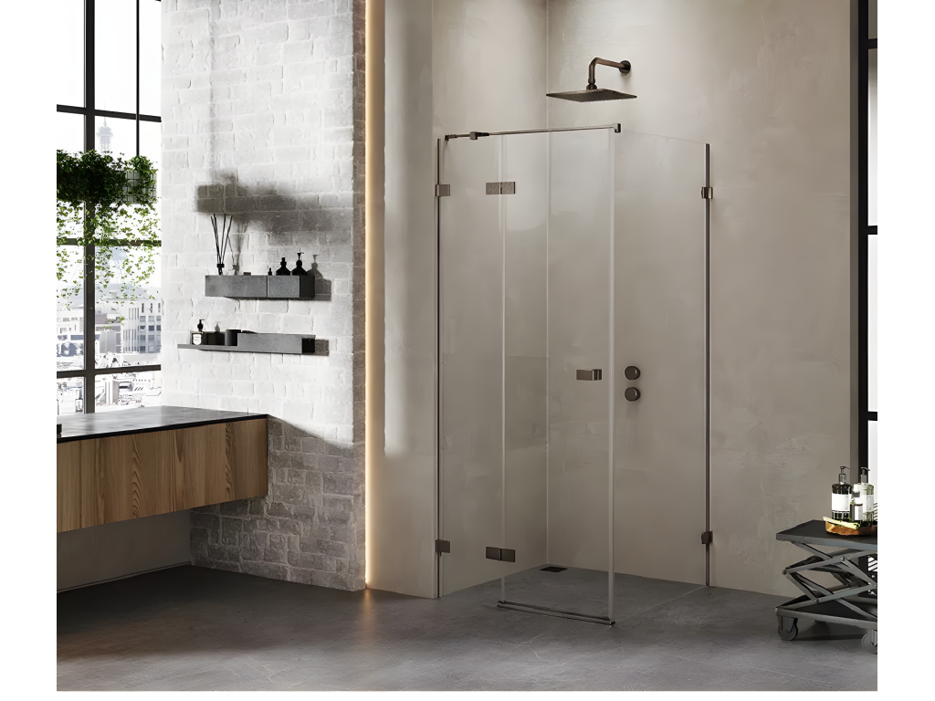 Homzora Gunmetal Brushed 90x110cm left-hand pivoting brushed stainless steel shower enclosure with front access