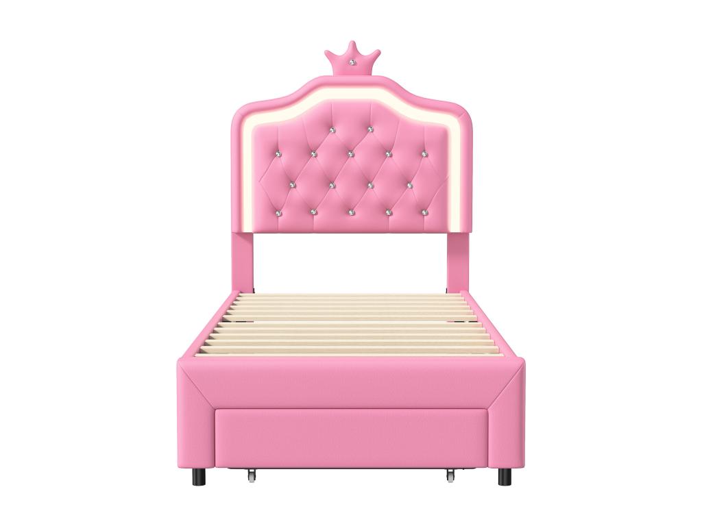 Upholstered bed 90x200 cm with 1 drawer and Homzoraères LED lighting - crown pattern - Homzora slatted base - Pink